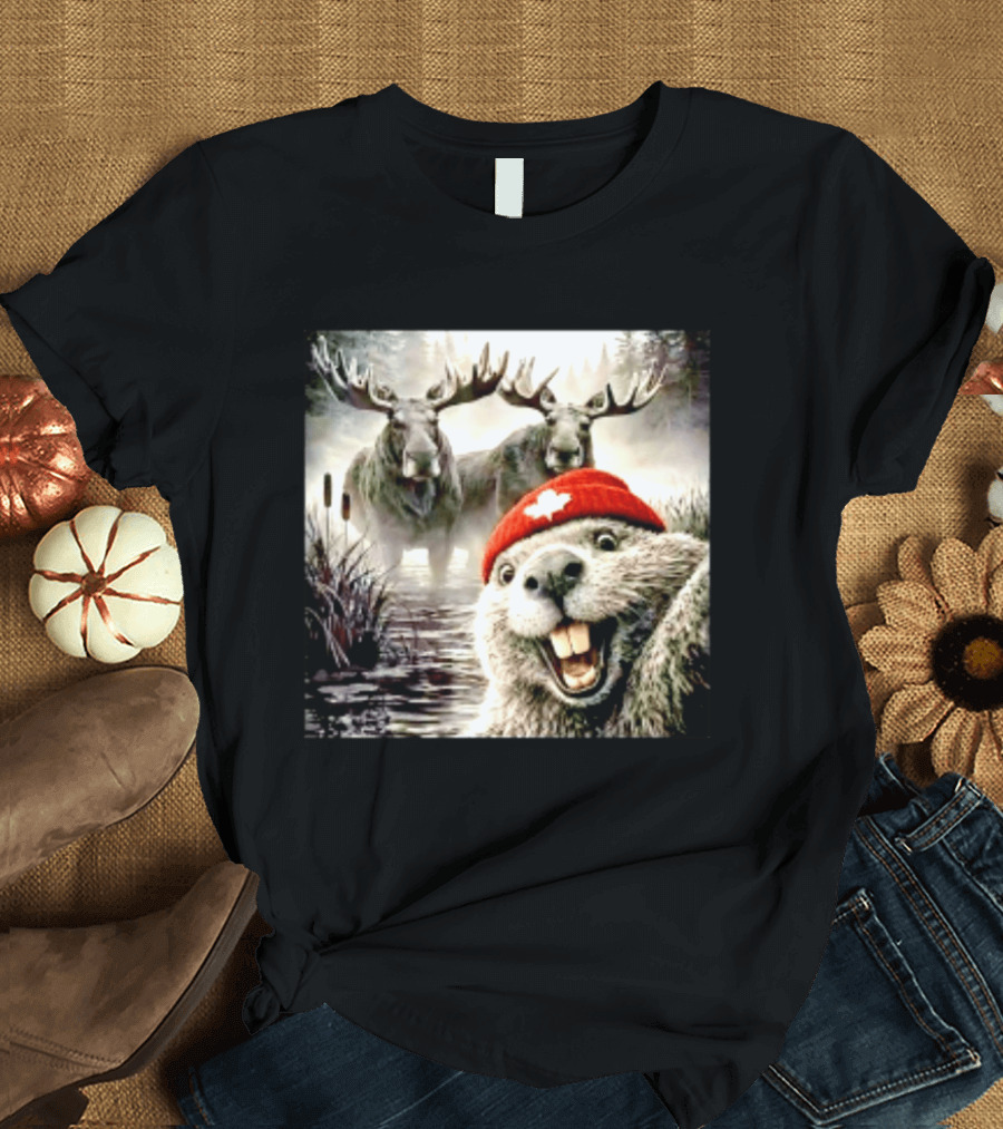 Beaver With Maple Leaf Beanie And Moose Forest Scene T-Shirt