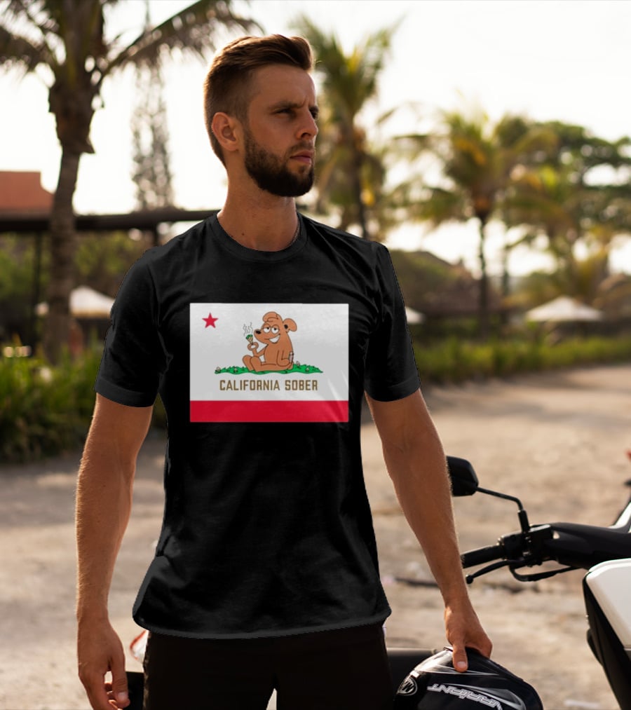 California Sober Bear With Joint And Drink State Flag T-Shirt