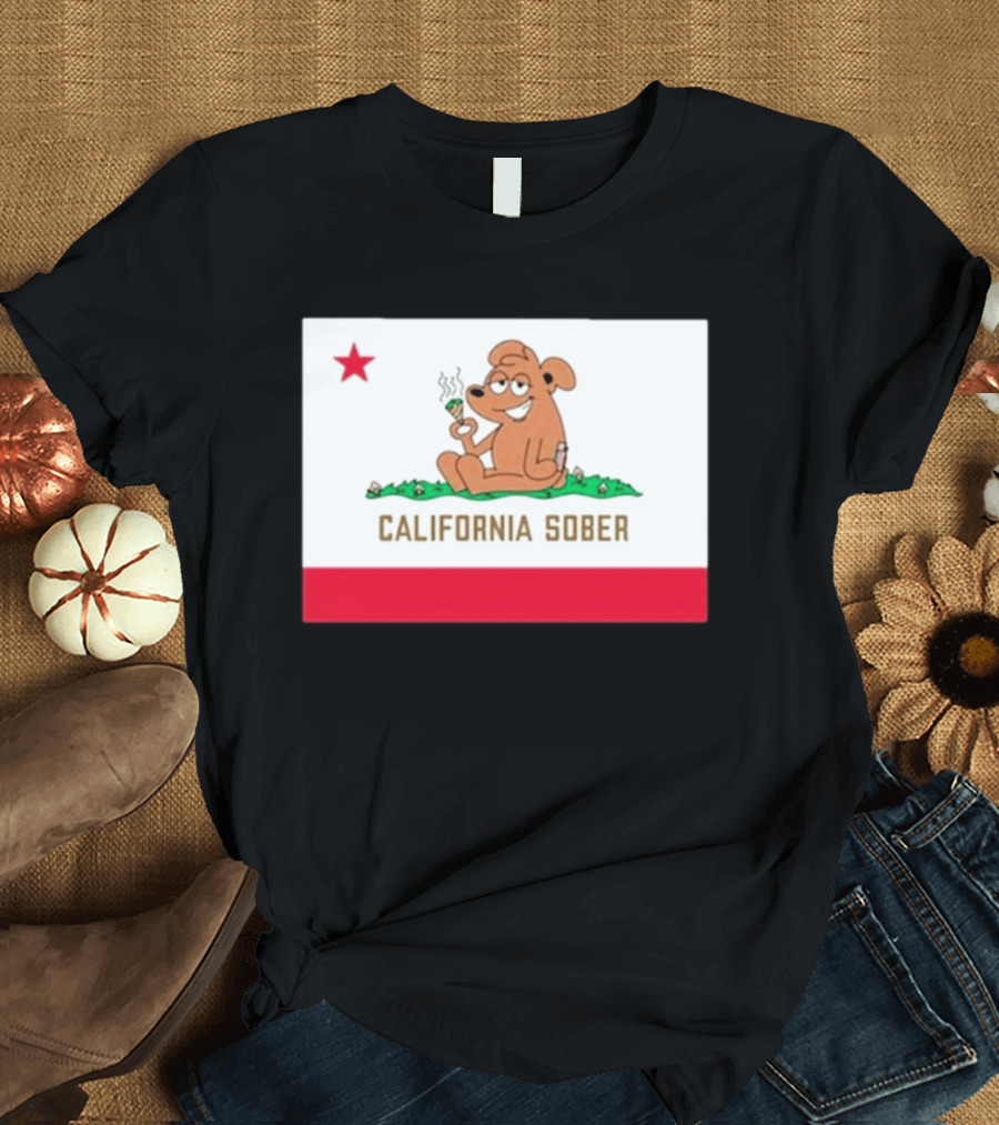 California Sober Bear With Joint And Drink State Flag T-Shirt