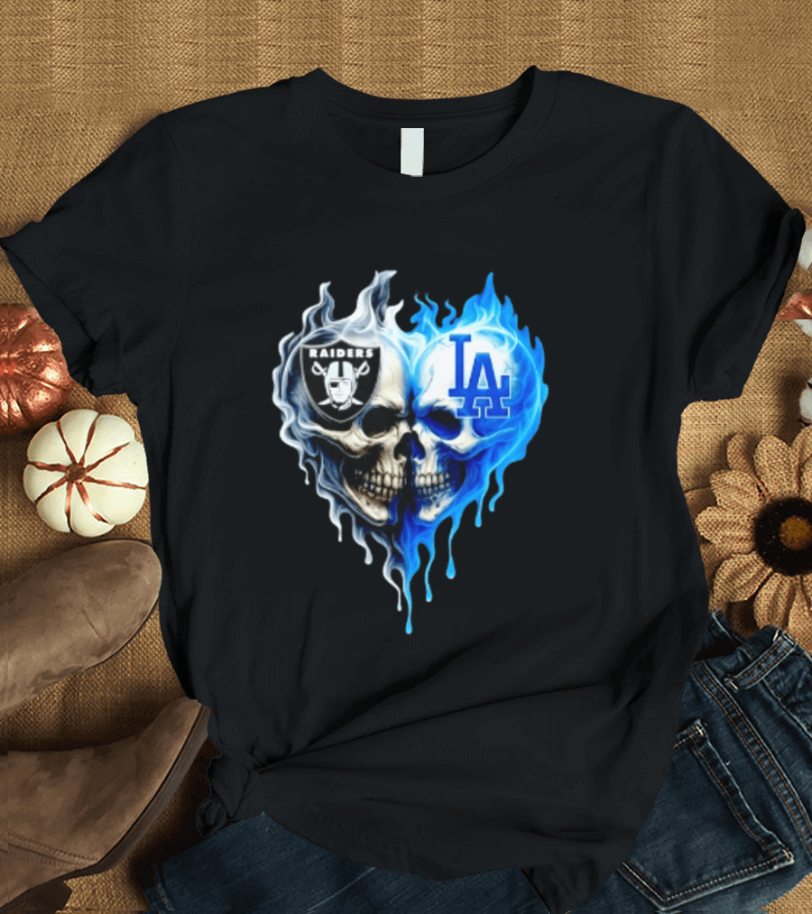 Las Vegas Raiders Los Angeles Dodgers Skulls Heart Blue Flames T-Shirt