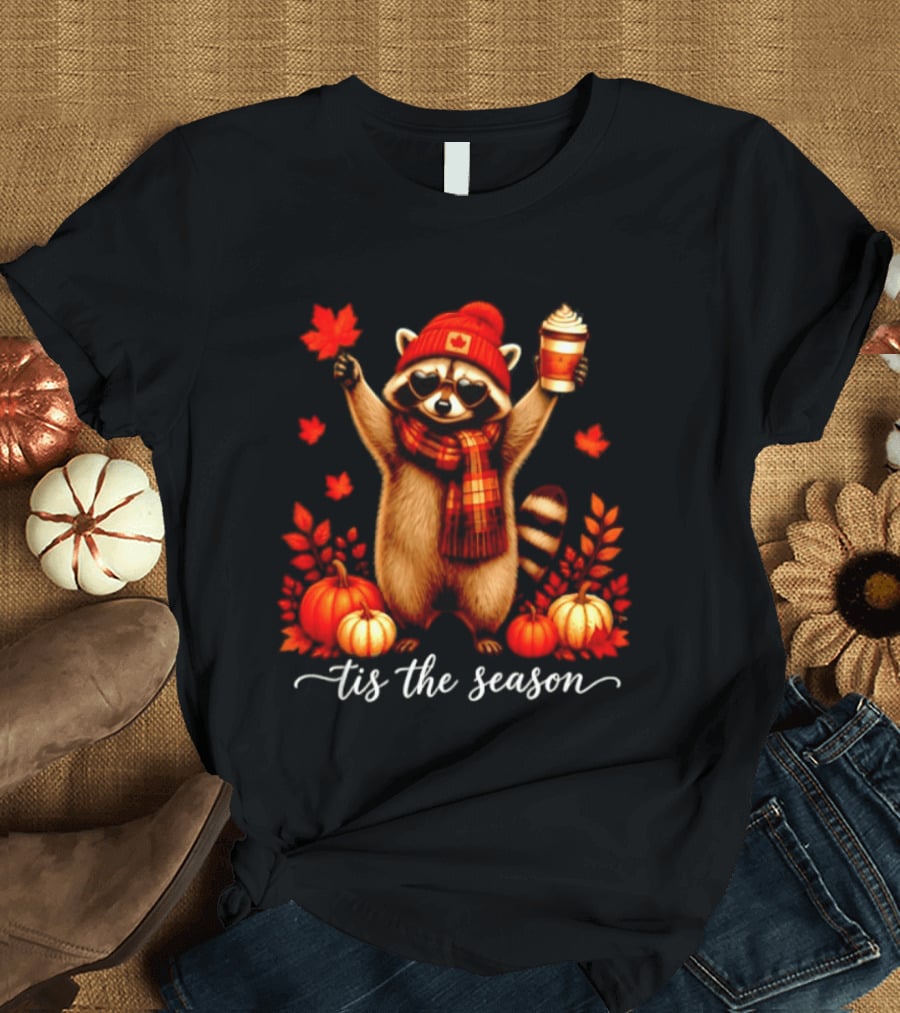 Raccoon In Scarf With Heart Sunglasses Autumn Leaves Pumpkins Tis The Season T-Shirt