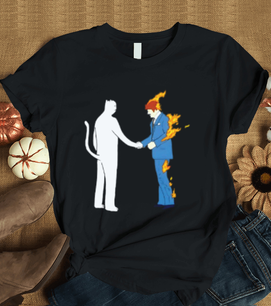 Rip N Dip Cat Handshake Burning Man Suit On Fire T-Shirt