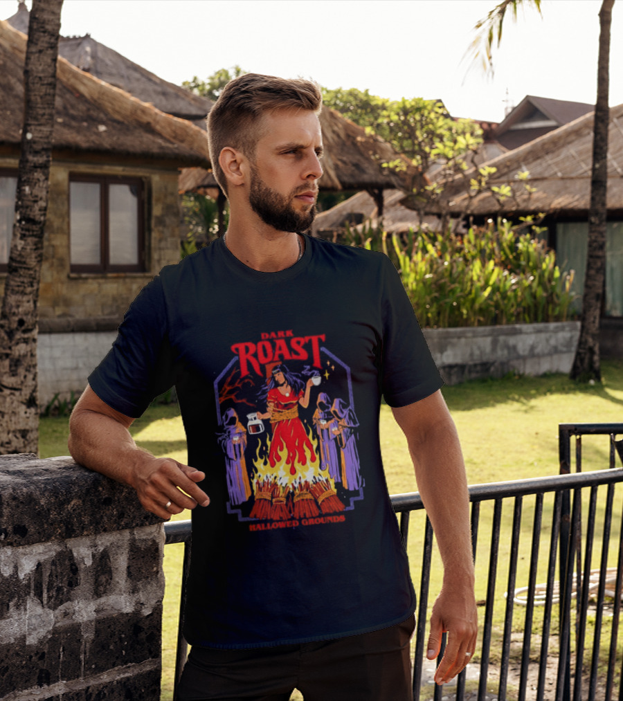 Dark Roast Hallowed Grounds Coffee Witch Brewing Flames And Rituals T-Shirt