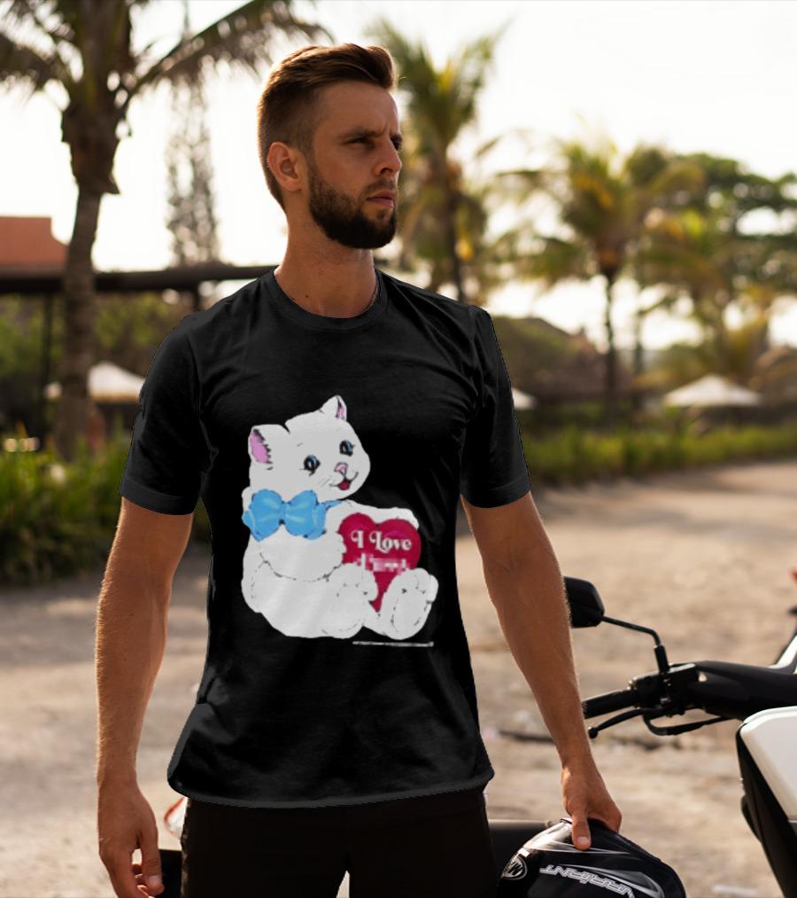 I Love Pussy Cats Heart Blue Bow Adorable White Kitten T-Shirt