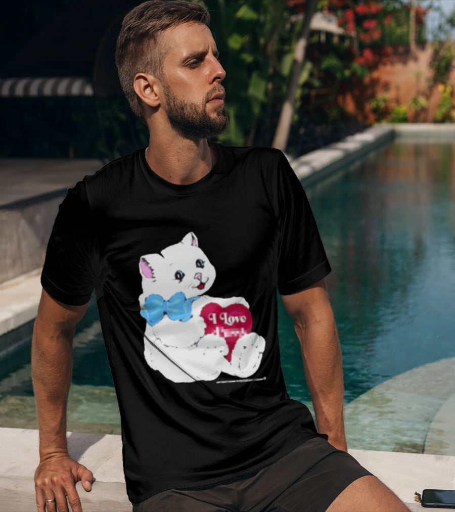 I Love Pussy Cats Heart Blue Bow Adorable White Kitten T-Shirt