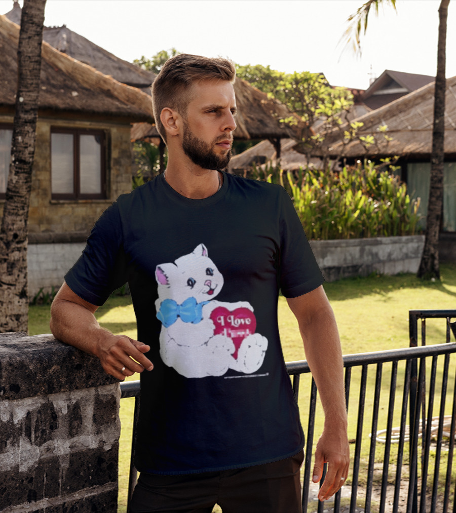 I Love Pussy Cats Heart Blue Bow Adorable White Kitten T-Shirt