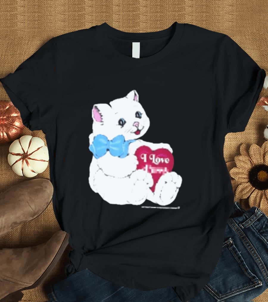 I Love Pussy Cats Heart Blue Bow Adorable White Kitten T-Shirt