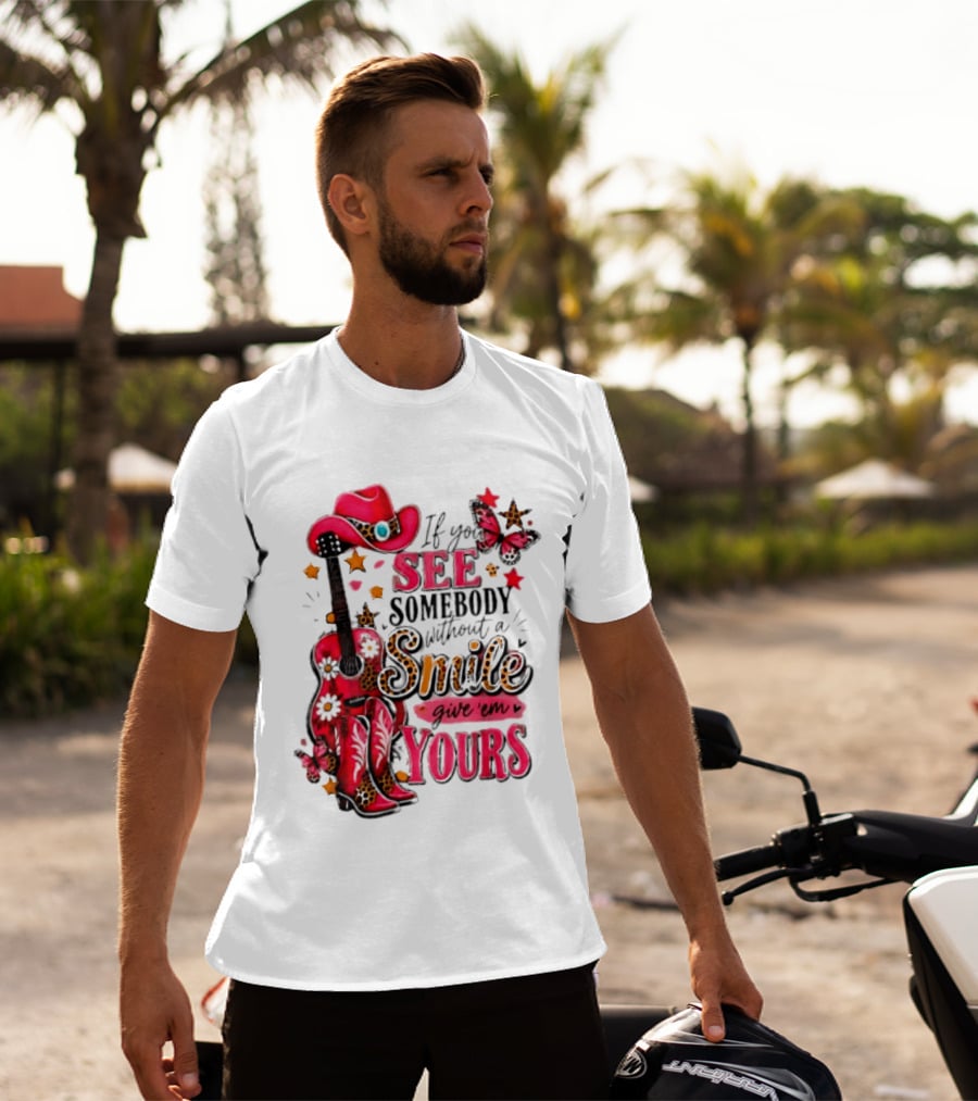 If You See Somebody Without A Smile Give 'Em Yours Cowgirl Pink Hat Boots Butterfly Leopard Print T-Shirt