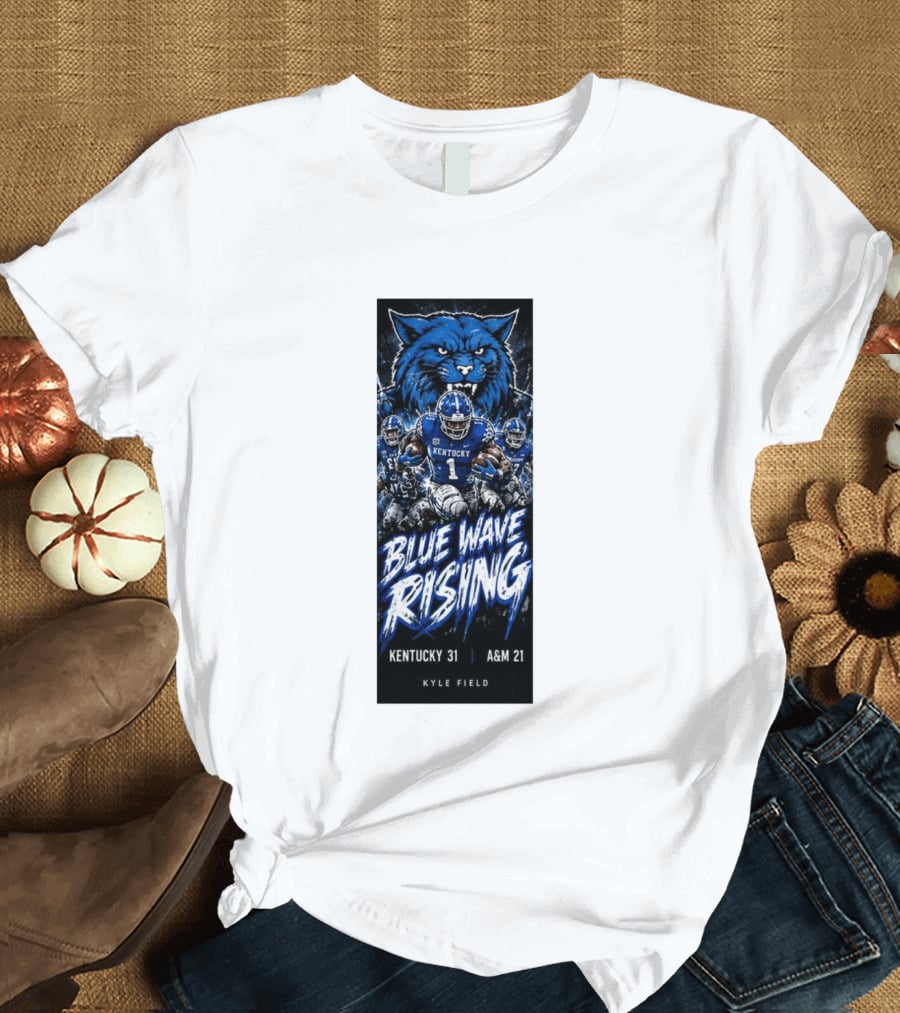 NCAA Kentucky Wildcats Blue Wave Rising 31 To 21 Victory At Texas AM Kyle Field T-Shirt