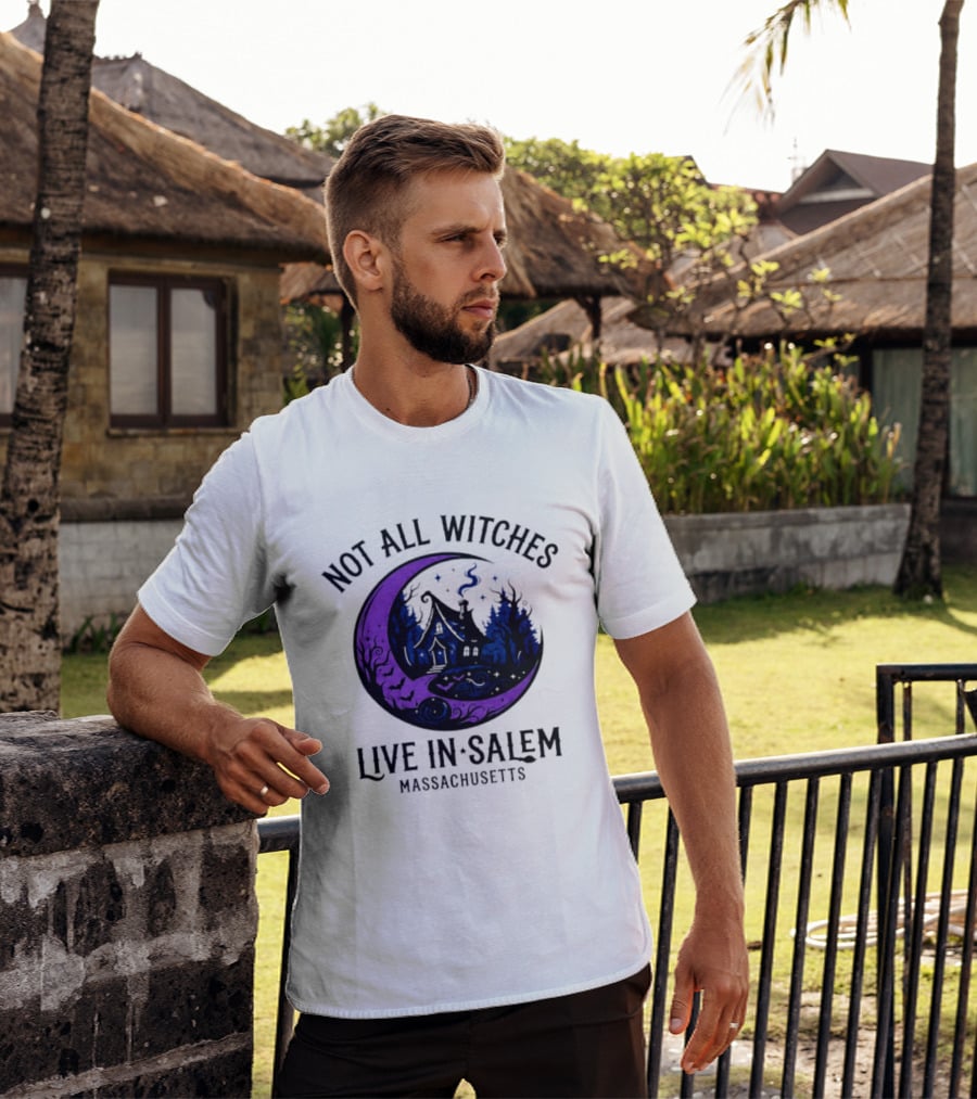 Not All Witches Live In Salem Massachusetts Moon And Haunted House T-Shirt