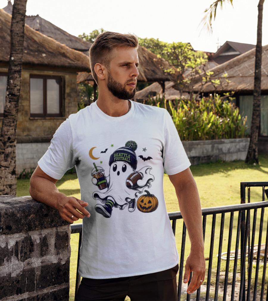 Seattle Football Halloween Ghost With Pumpkin Coffee And Moon T-Shirt