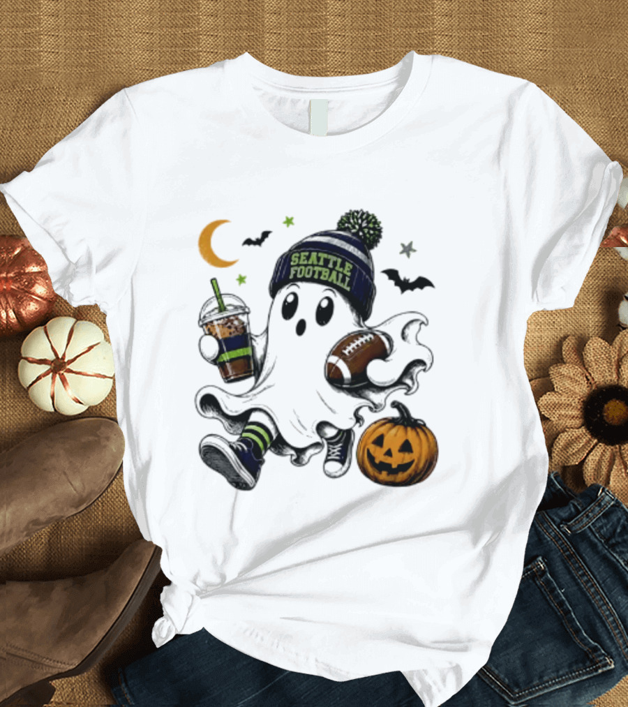 Seattle Football Halloween Ghost With Pumpkin Coffee And Moon T-Shirt