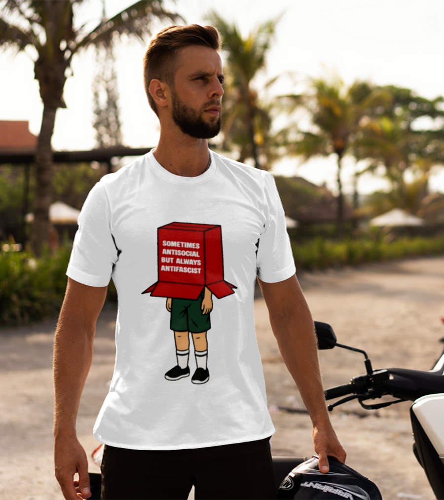 Sometimes Antisocial But Always Antifascist Box Head Cartoon T-Shirt