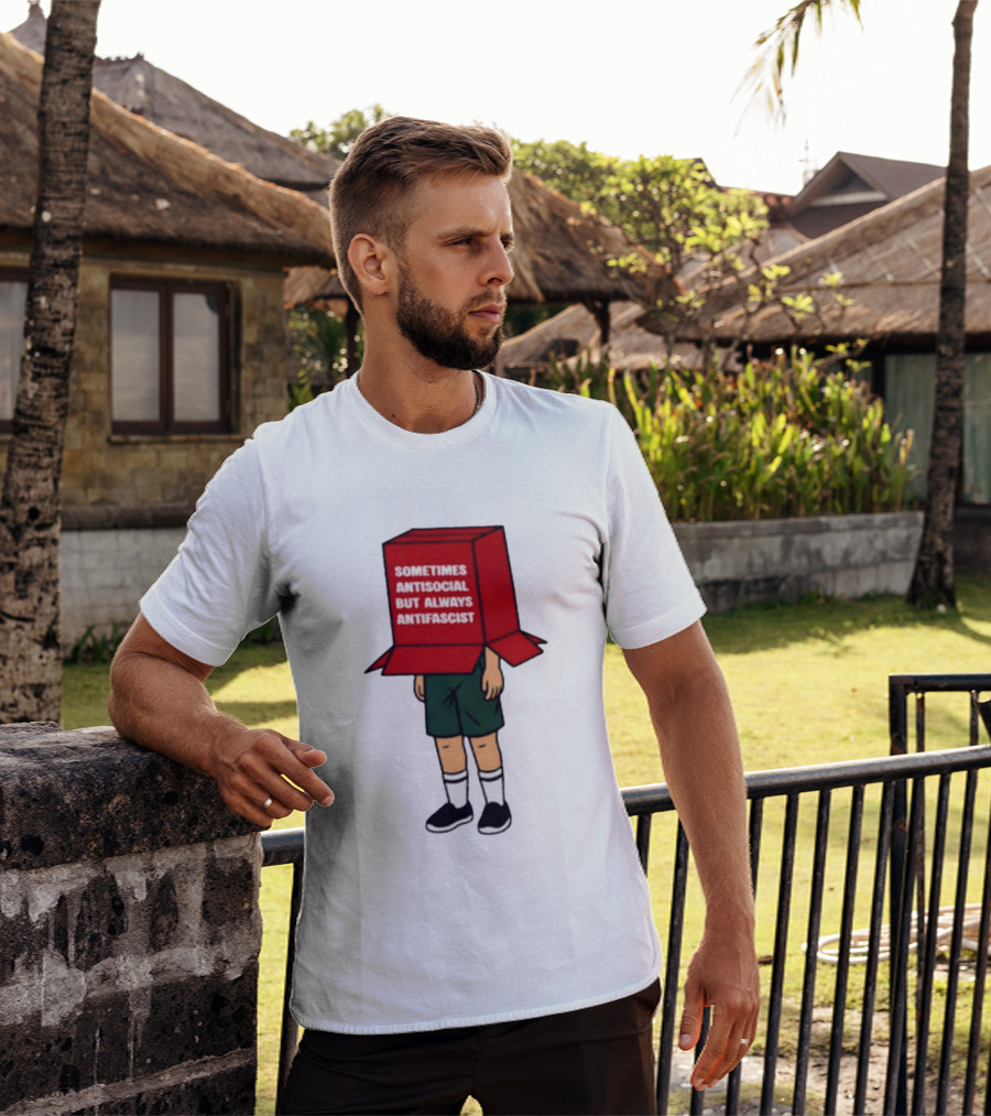 Sometimes Antisocial But Always Antifascist Box Head Cartoon T-Shirt