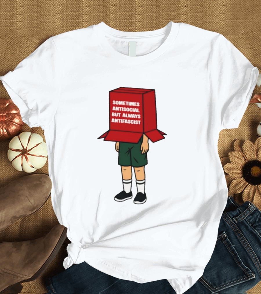 Sometimes Antisocial But Always Antifascist Box Head Cartoon T-Shirt