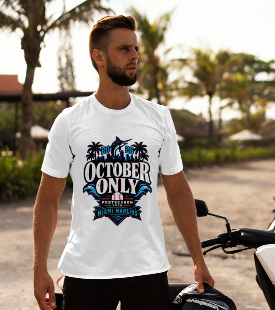 Miami Marlins 2026 October Only Postseason Baseball Palms Cityscape T-Shirt