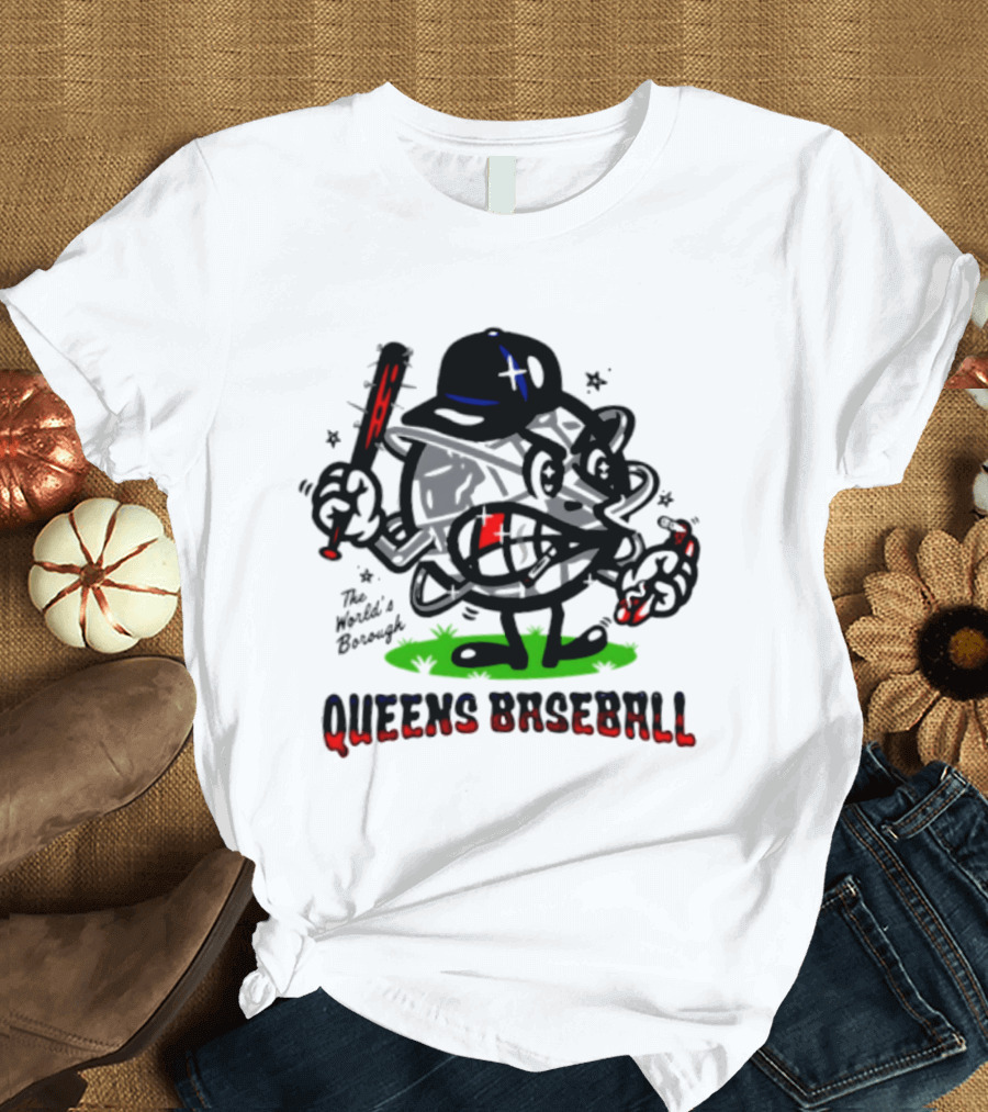 Queens Baseball The World's Borough Hot Dog Baseball Cap Cartoon T-Shirt