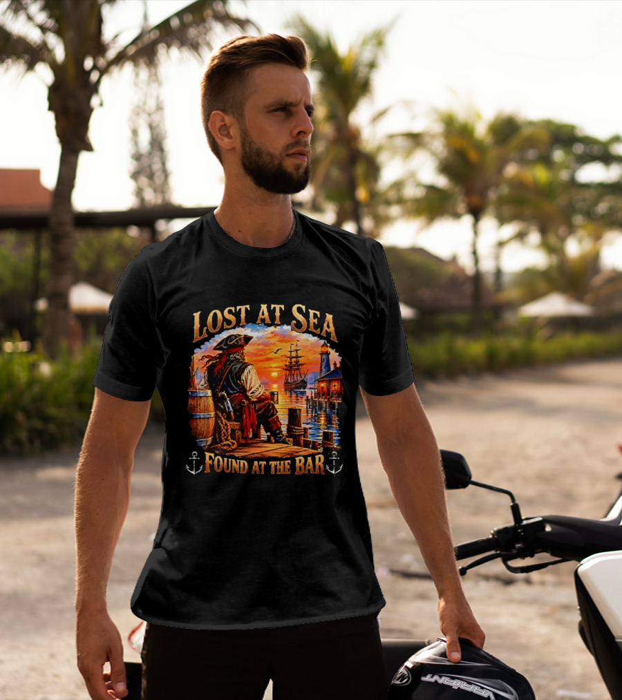 Lost At Sea Found At The Bar Pirate Sunset Sarcastic Humor T-Shirt