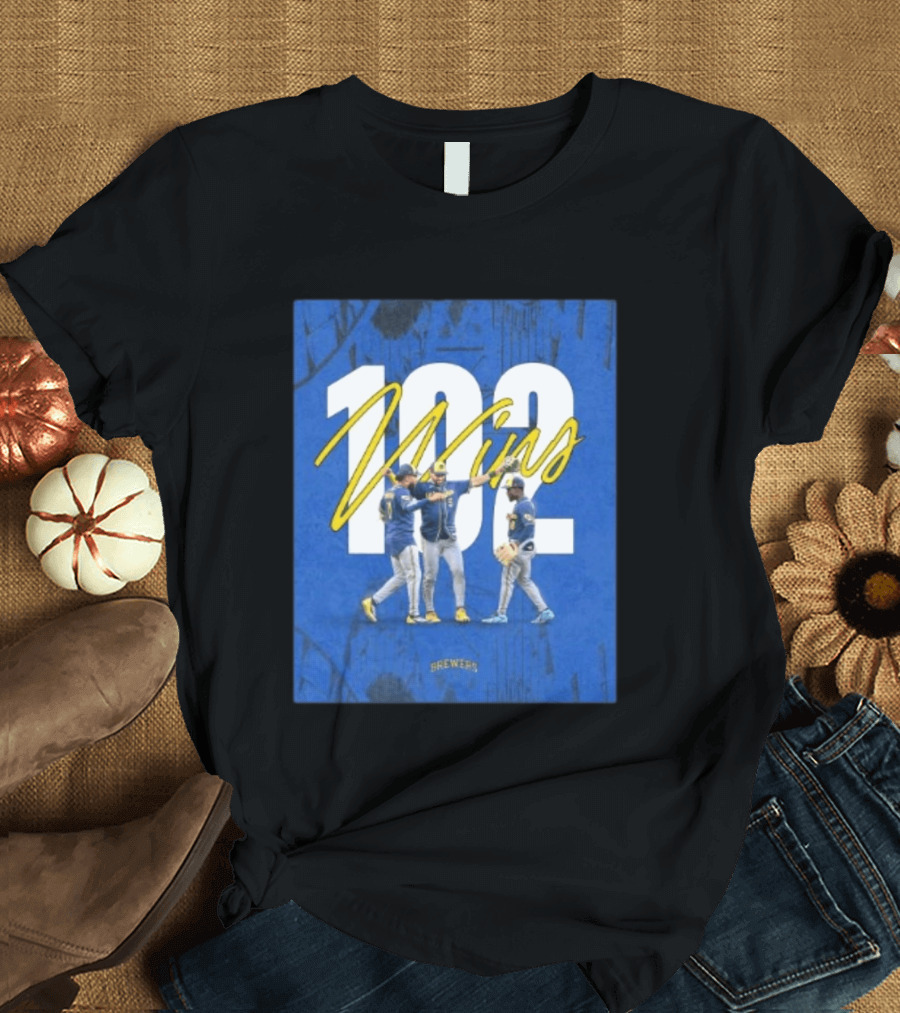 Milwaukee Brewers 102 Wins Blue Background Team Celebration T-Shirt