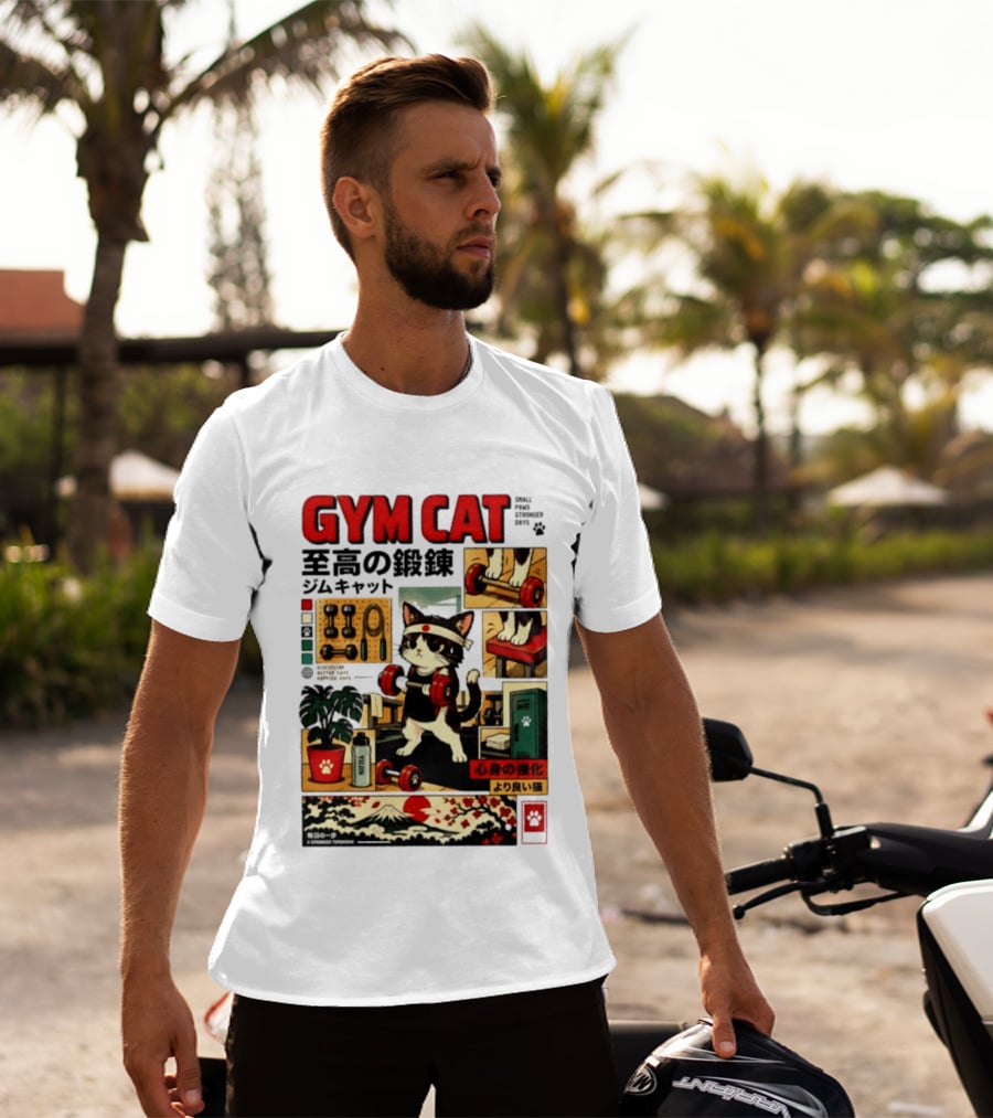 GYM CAT Small Paws Stronger Days Stronger Tomorrow Japan Fitness Comic T-Shirt