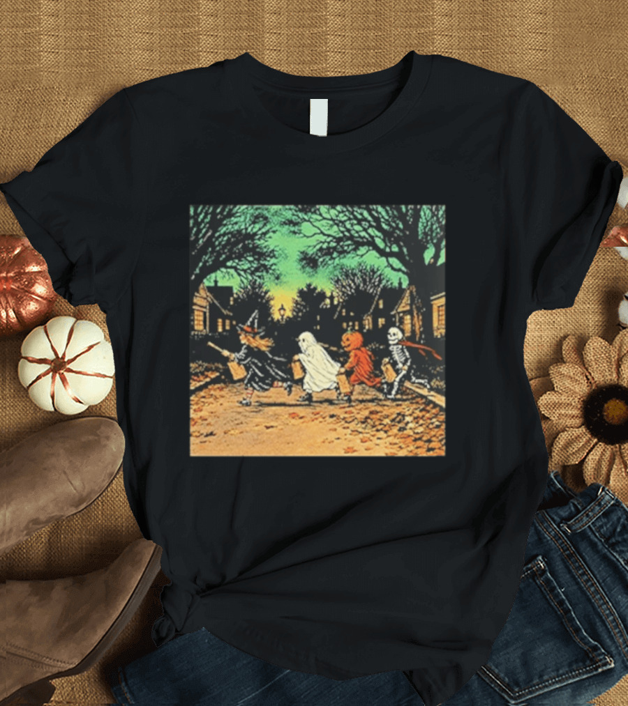 Trick Or Treat Witch Ghost Pumpkin Skeleton Halloween Scene T-Shirt
