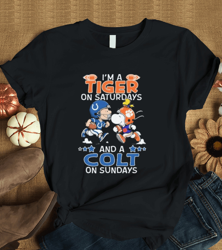 I'm A Tiger On Saturdays And A Colt On Sundays Charlie Brown Snoopy Football Teams T-Shirt