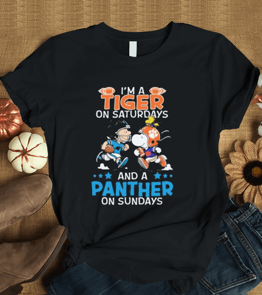 Charlie Brown Snoopy Tiger Saturdays Panther Sundays Football T-Shirt