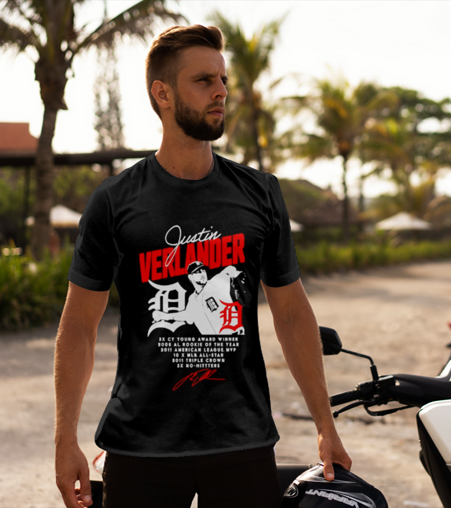 Detroit Tigers Justin Verlander No Hitter AL Rookie MVP Cy Young Winner MLB Career T-Shirt