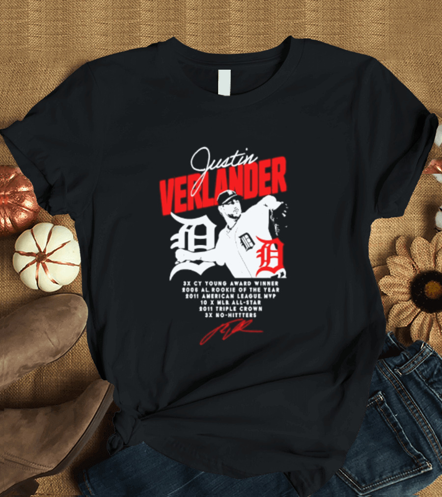 Detroit Tigers Justin Verlander No Hitter AL Rookie MVP Cy Young Winner MLB Career T-Shirt