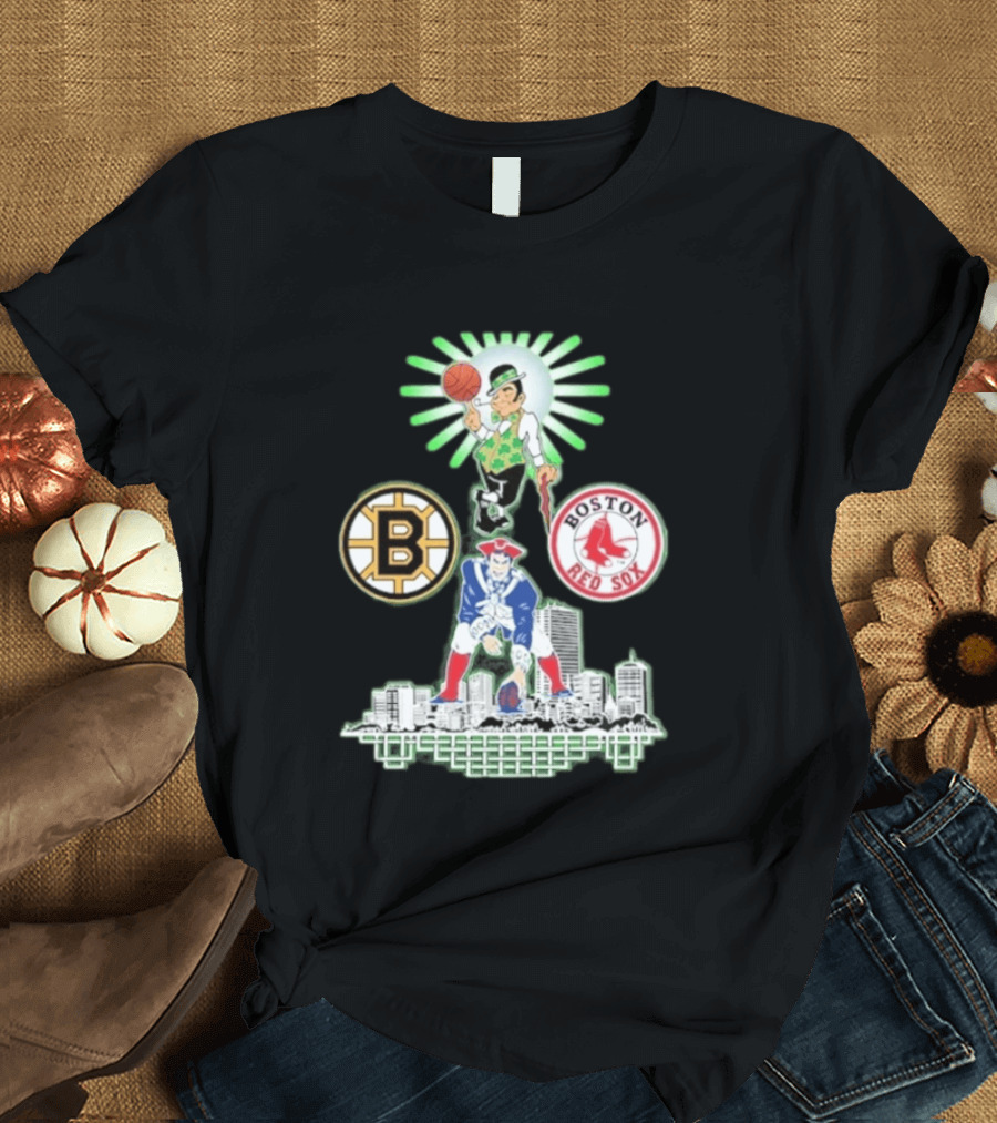 Boston Celtics Red Sox Bruins Skyline Triple Team Sports Boston T-Shirt