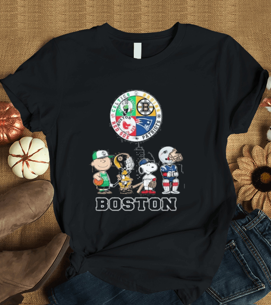 Boston Celtics Bruins Red Sox Patriots Cartoon Characters Skyline Sports T-Shirt