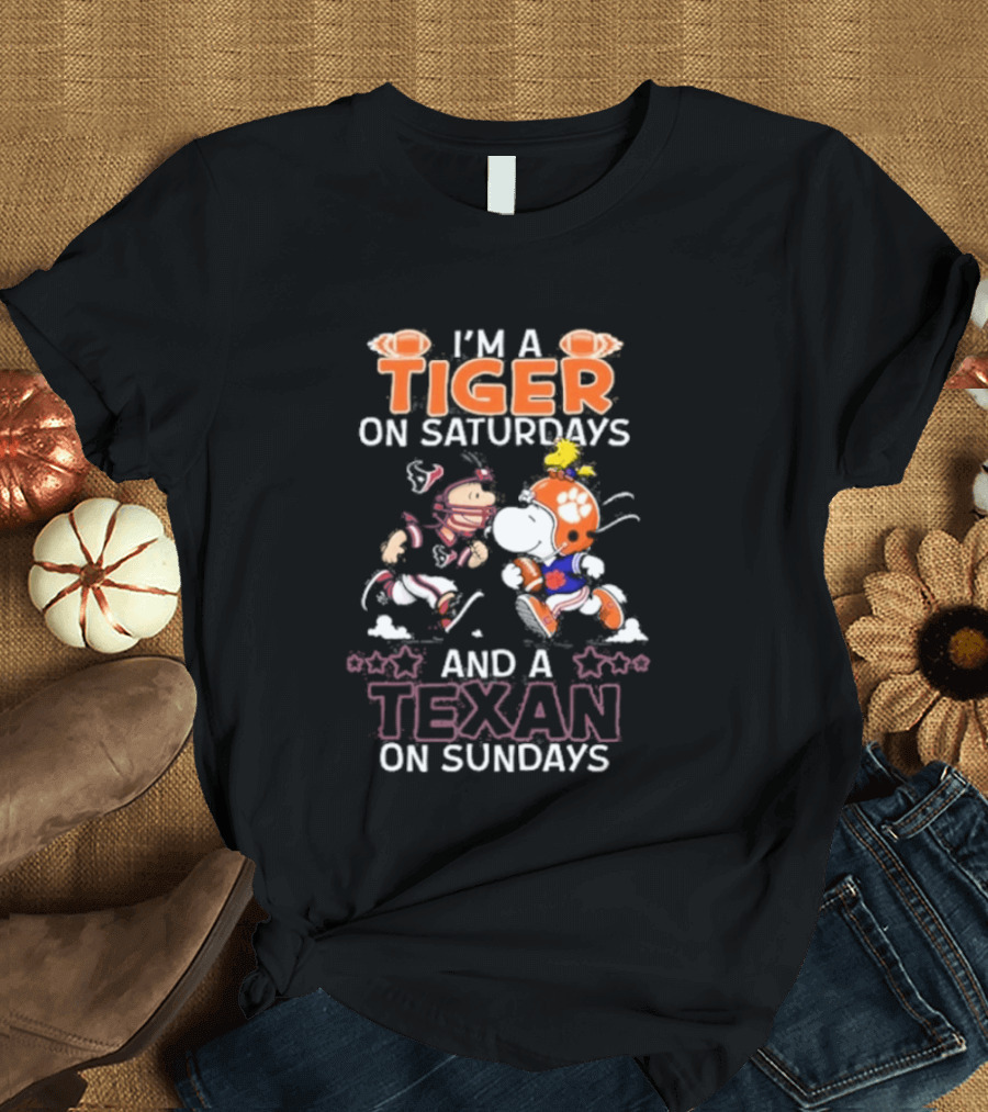 I'm A Tiger On Saturdays And A Texan On Sundays Charlie Brown Snoopy T-Shirt
