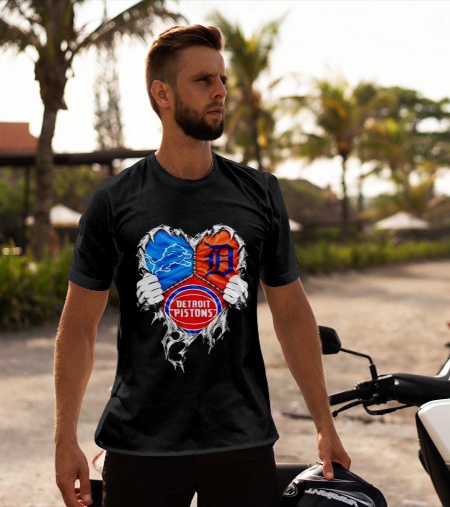 Detroit Lions Tigers Pistons Heart Scratch Mashup T-Shirt