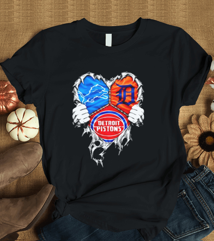 Detroit Lions Tigers Pistons Heart Scratch Mashup T-Shirt