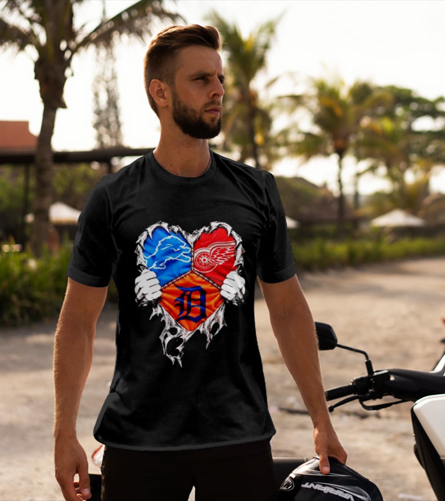 Detroit Lions Red Wings Tigers Heart Scratch Mashup T-Shirt