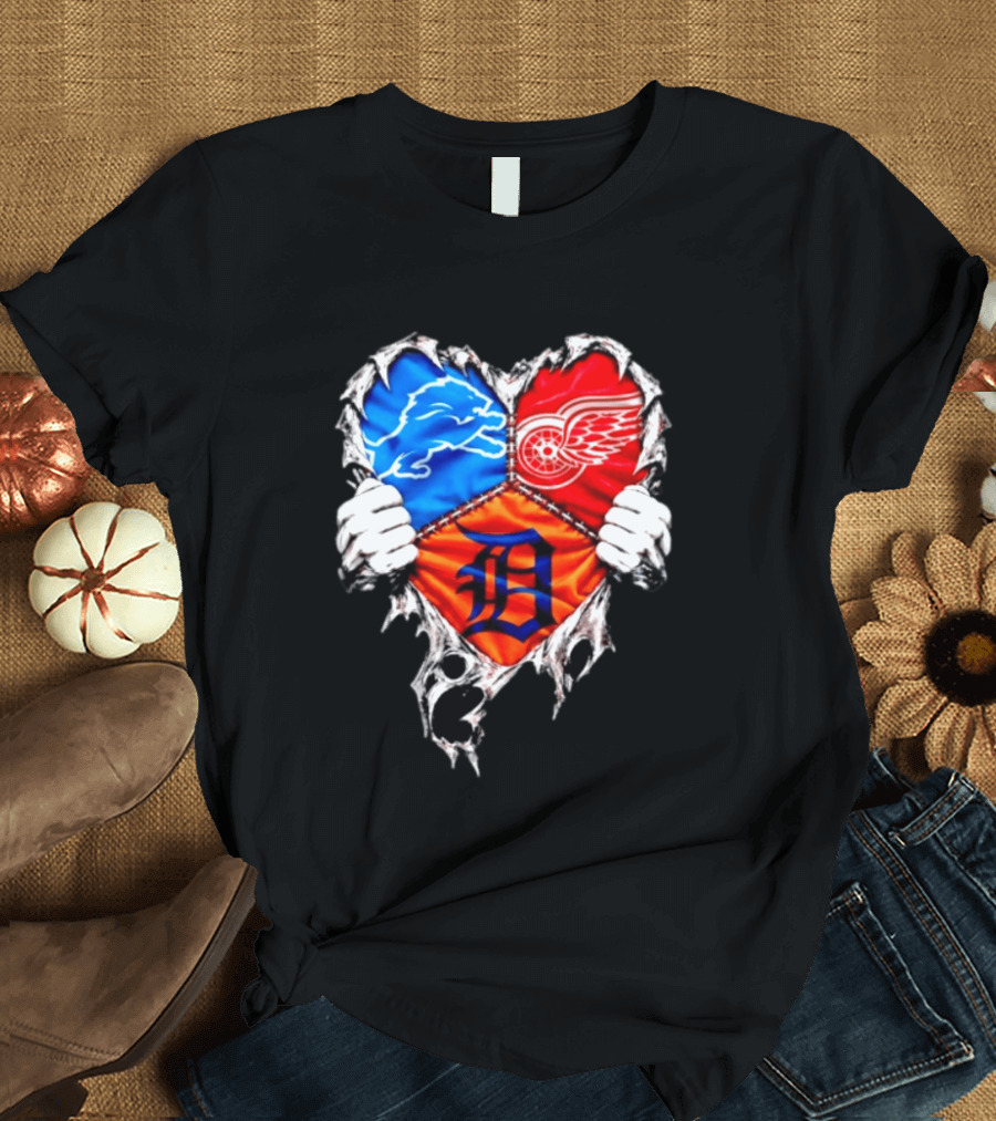 Detroit Lions Red Wings Tigers Heart Scratch Mashup T-Shirt