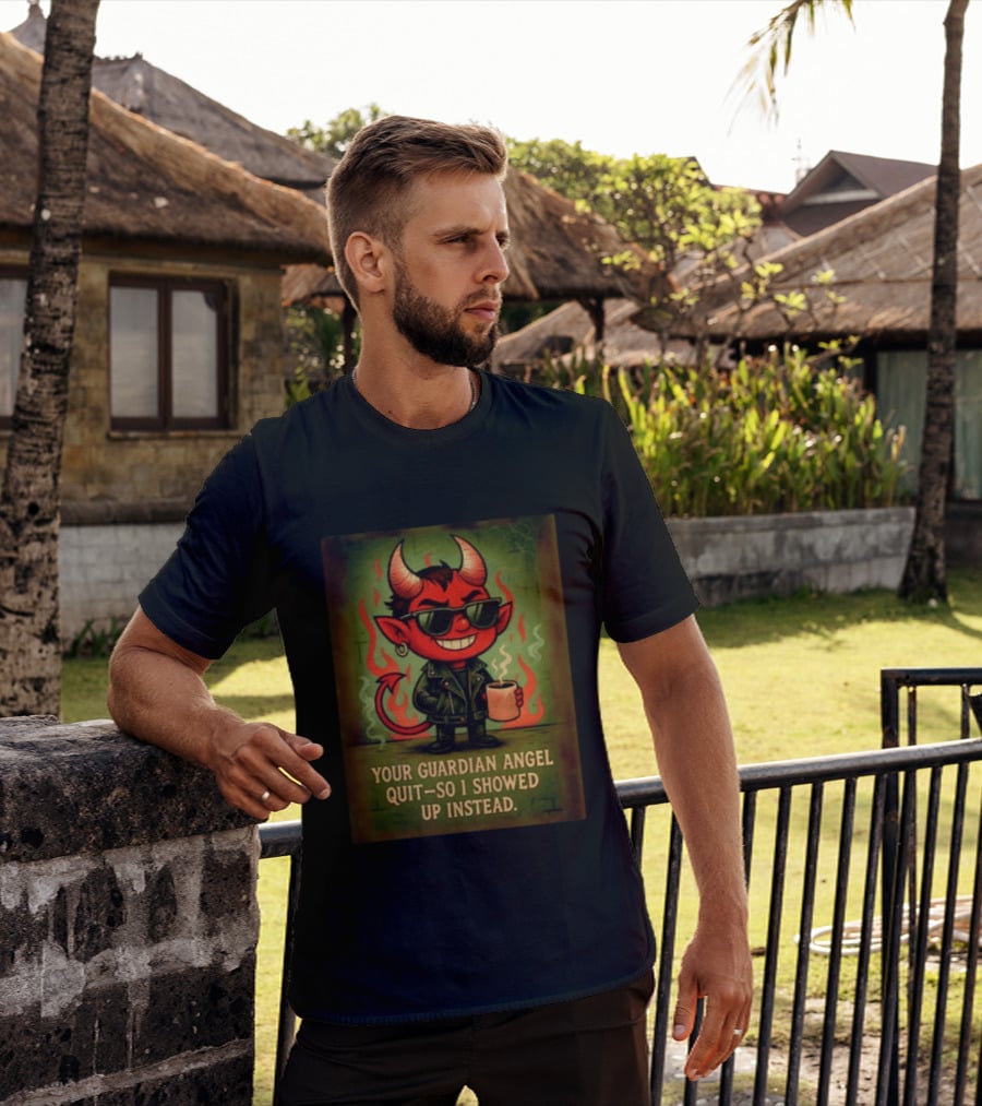 Devil Your Guardian Angel Quit So I Showed Up Instead Vintage Retro Humor T-Shirt