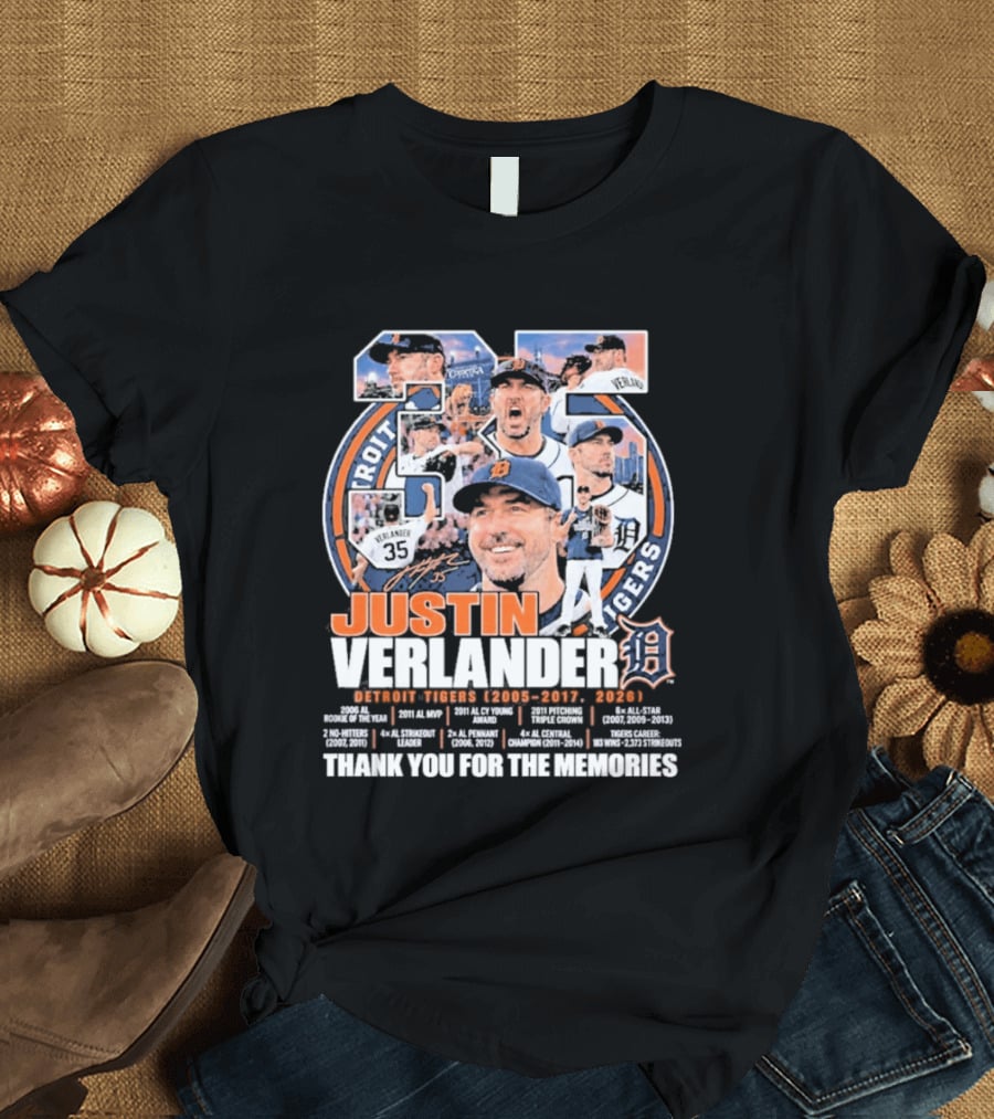 Justin Verlander Detroit Tigers 35 Thank You For The Memories 2005 2017 2026 T-Shirt