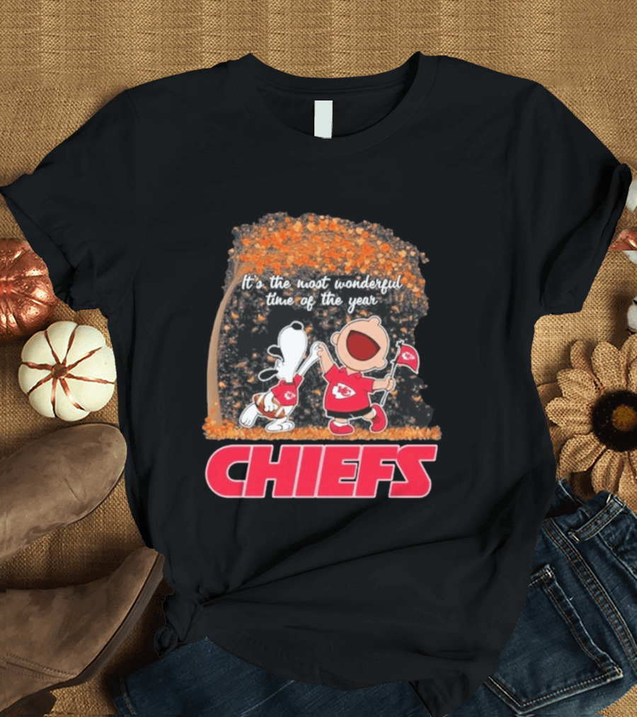 Kansas City Chiefs Snoopy Charlie Brown Dancing It's The Most Wonderful Time Of The Year T-Shirt