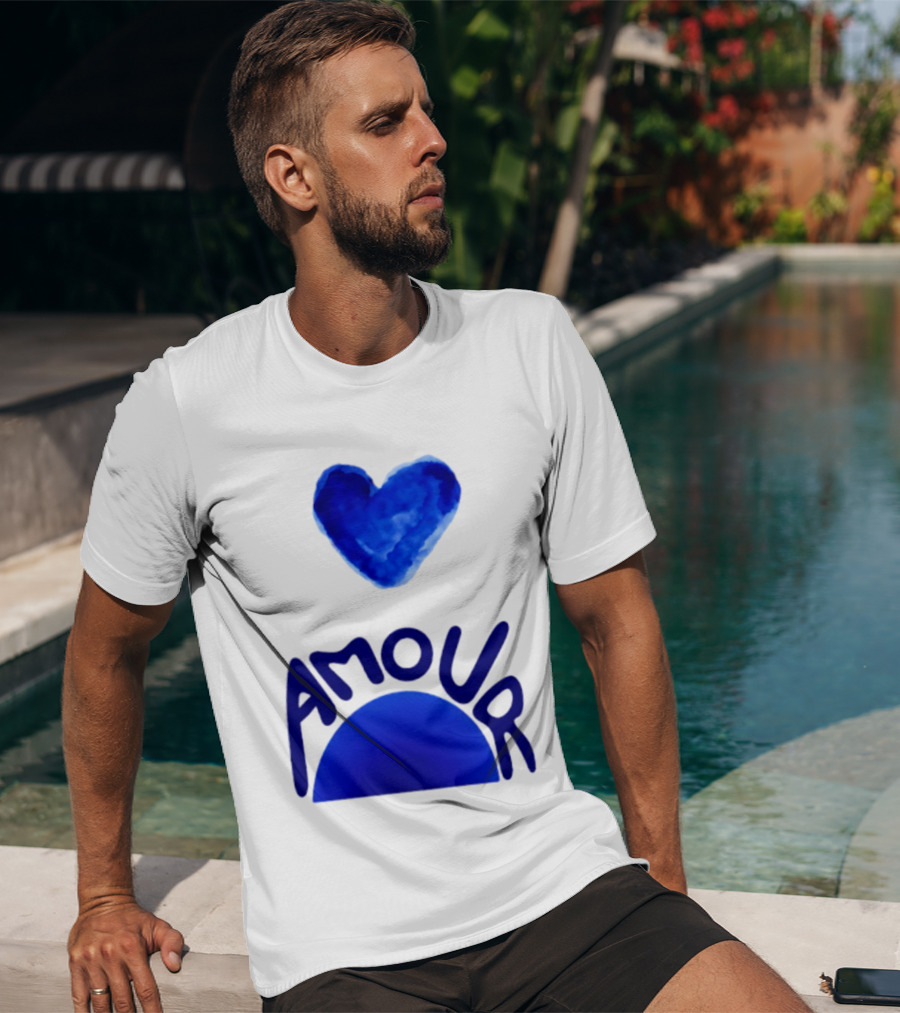 Amour Blue Heart French Love Watercolor T-Shirt