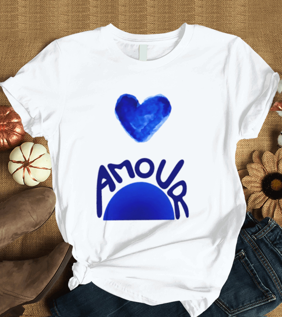 Amour Blue Heart French Love Watercolor T-Shirt