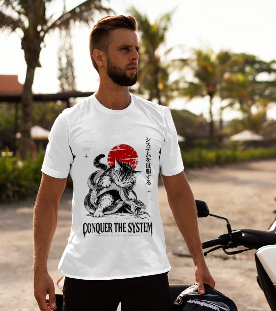 Cat Conquer The System Discipline Creates Freedom Japanese Style Red Sun T-Shirt