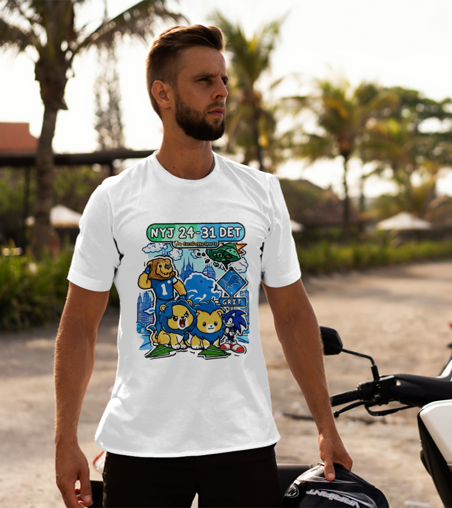 NYJ 24 31 DET Corndoggy Sports Grit Lions Cityscape T-Shirt
