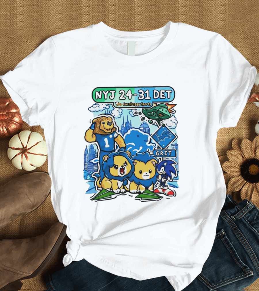 NYJ 24 31 DET Corndoggy Sports Grit Lions Cityscape T-Shirt