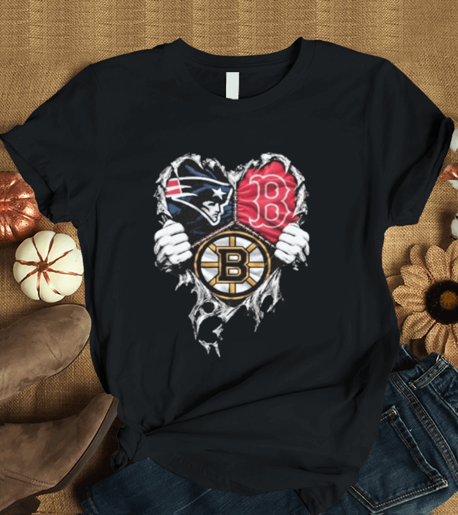 New England Patriots Boston Red Sox Boston Bruins Heart Iconic Trio T-Shirt