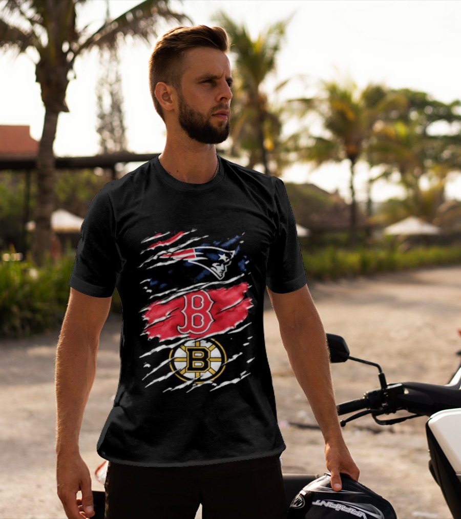 New England Patriots Boston Red Sox Boston Bruins Ripped Distressed Triple Team Sports T-Shirt