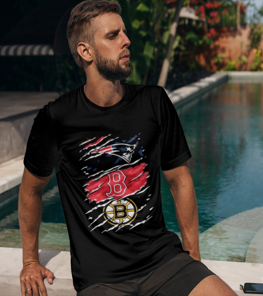 New England Patriots Boston Red Sox Boston Bruins Ripped Distressed Triple Team Sports T-Shirt