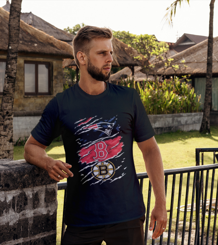New England Patriots Boston Red Sox Boston Bruins Ripped Distressed Triple Team Sports T-Shirt