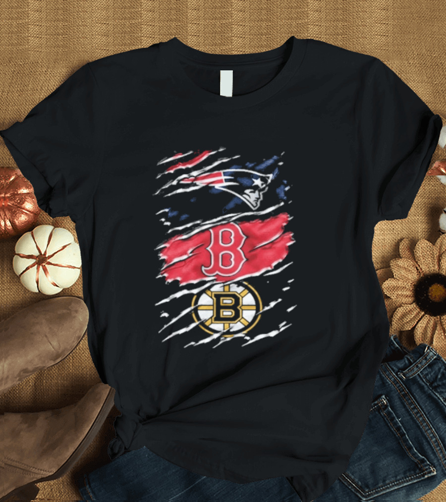 New England Patriots Boston Red Sox Boston Bruins Ripped Distressed Triple Team Sports T-Shirt