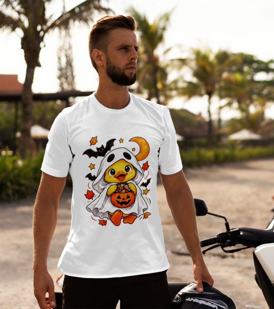 Ghost Ducking With Halloween Pumpkin Candy Bucket Bat Moon And Stars T-Shirt